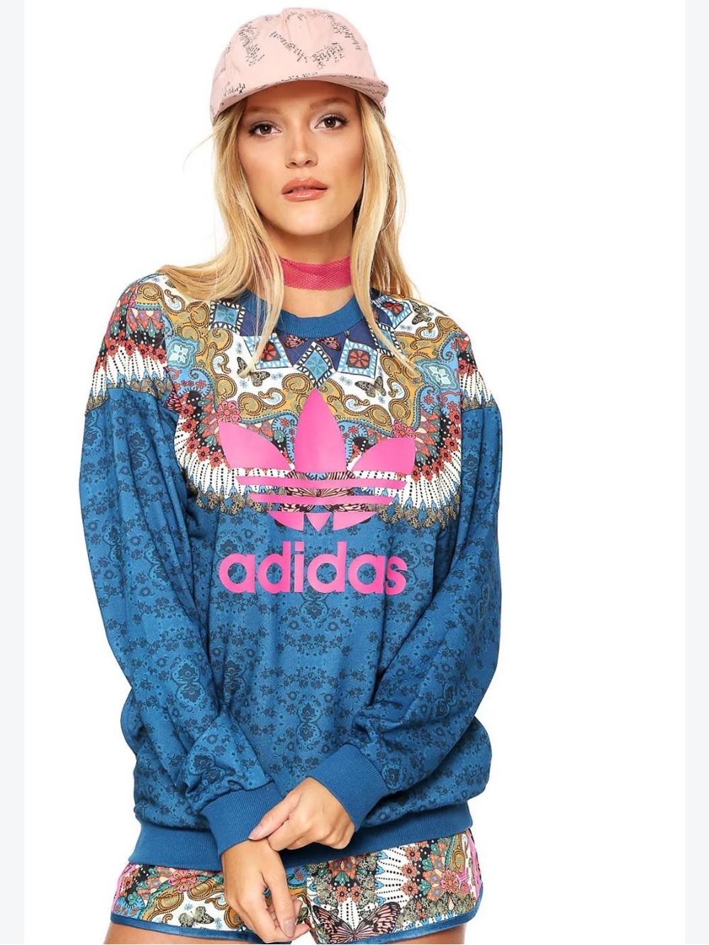 Adidas x Farm Rio - Borbomix Blue Sweatshirt with Pink Trefoil and Ornate Yoke